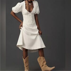 Anthropologie White High Low Dress with Puff Sleeves